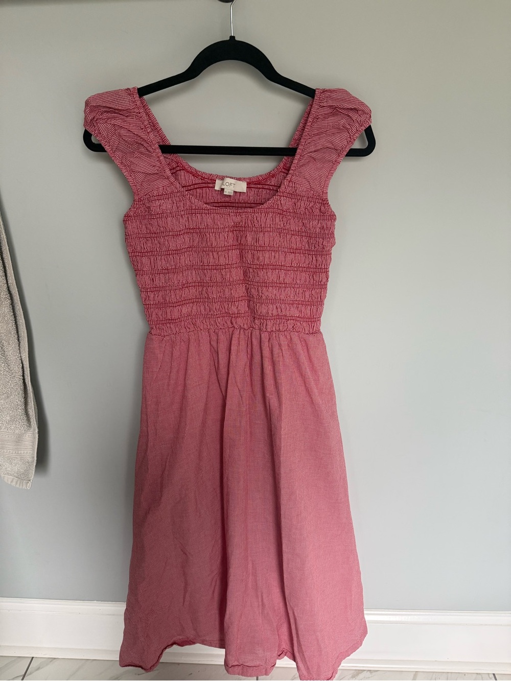 LOFT red gingham Smocked Midi Dress